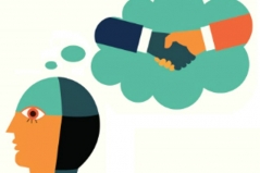 Handshake Cartoon van persoon met denkballonnetje van twee personen die handen schudden
