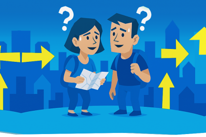 Verdwaalde mensen Een man en een vrouw die verdwaald zijn in een stad